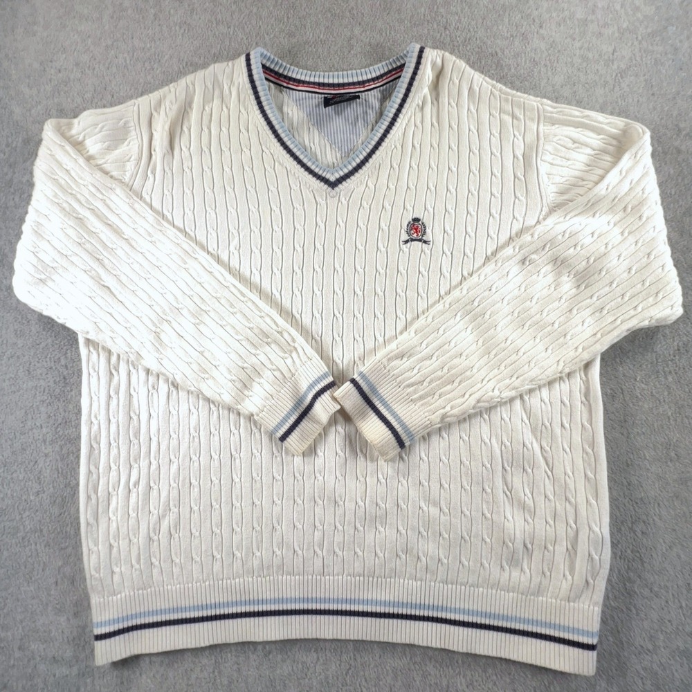Vintage Tommy Hilfiger Athletics Mens White Cable Knit V-Neck Sweater Crest Lg